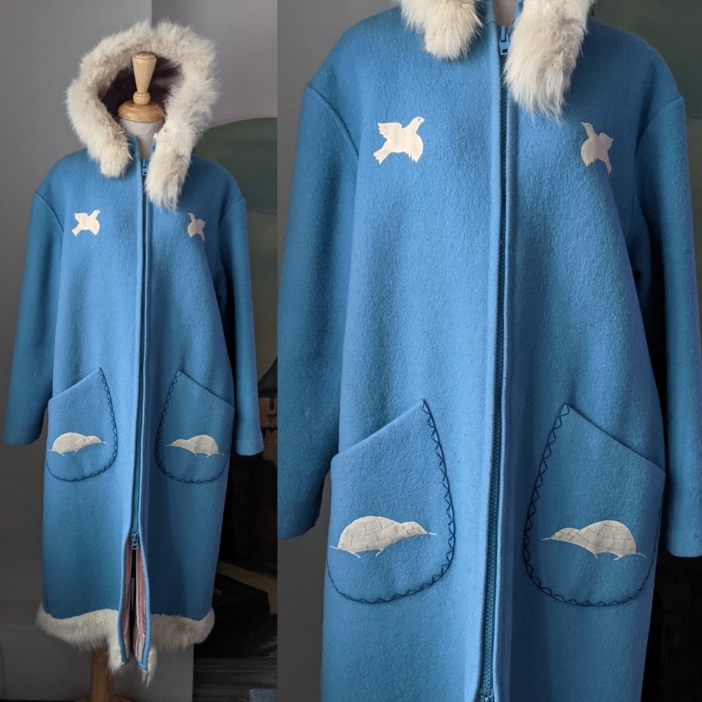 Vintage 70s Inuit style Felt + Fur Hooded Coat